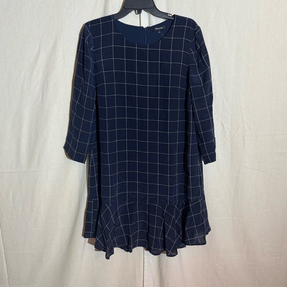 Madewell // navy, white windowpane long sleeve ruffle shift dress size 10 mar2 - Picture 1 of 9